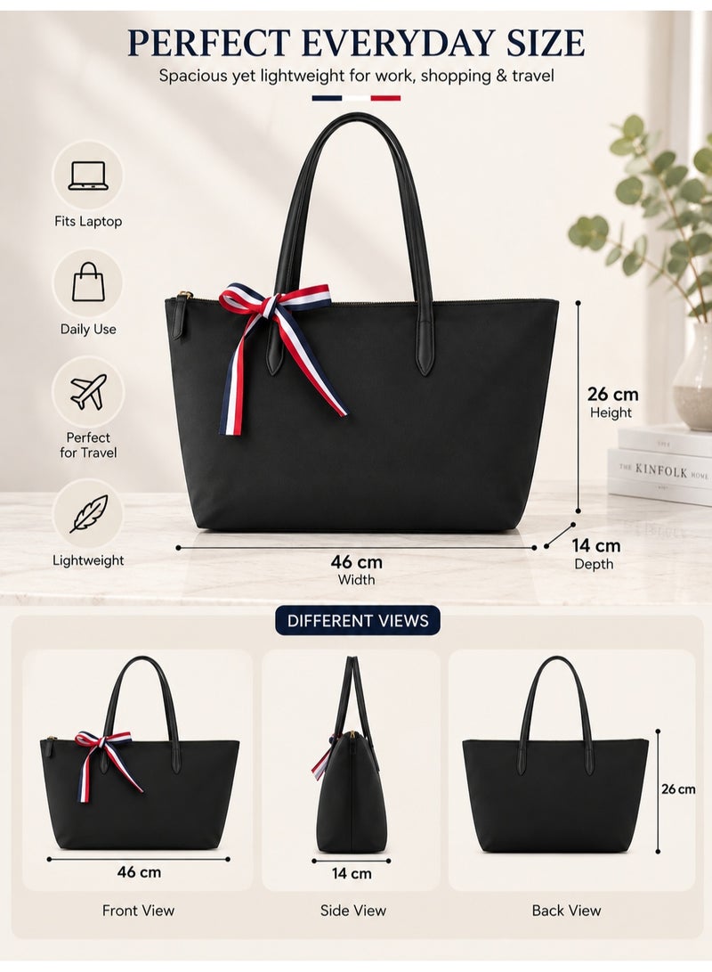 Women's Large Tote Bag with Zip Closure, Textured Shoulder Shopper Handbag, Black - Image 4