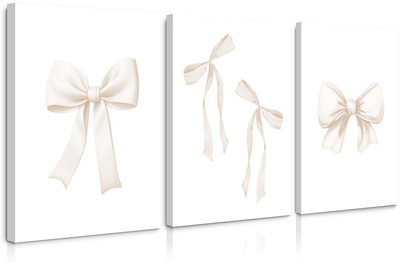Bow Wall Art Coquette Room Canvas Decor Beige Bow Poster Preppy Wall Deocr Aesthetic Pictures Coquette Girly Posters Nursery Art Prints for Girls Bedroom 12x16 Inch Framed Set of 3