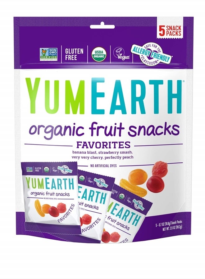 YumEarth Organic Fruit Snacks, 5- 0.7oz. Fruit Flavored Snack Packs, Allergy Friendly, Gluten Free, Non-GMO, Vegan, No Artificial Flavors or Dyes - Image 1