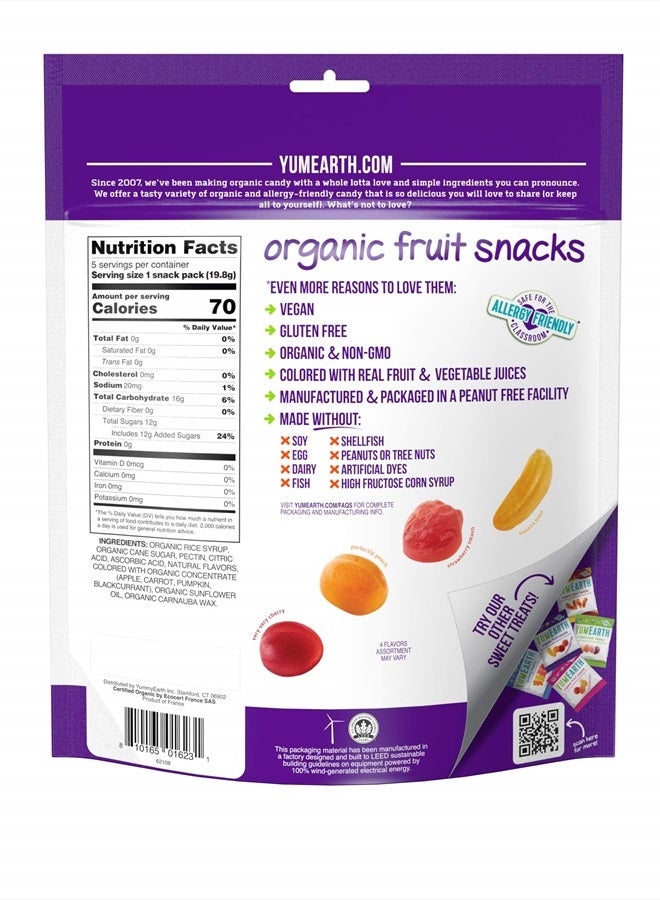 YumEarth Organic Fruit Snacks, 5- 0.7oz. Fruit Flavored Snack Packs, Allergy Friendly, Gluten Free, Non-GMO, Vegan, No Artificial Flavors or Dyes - Image 2