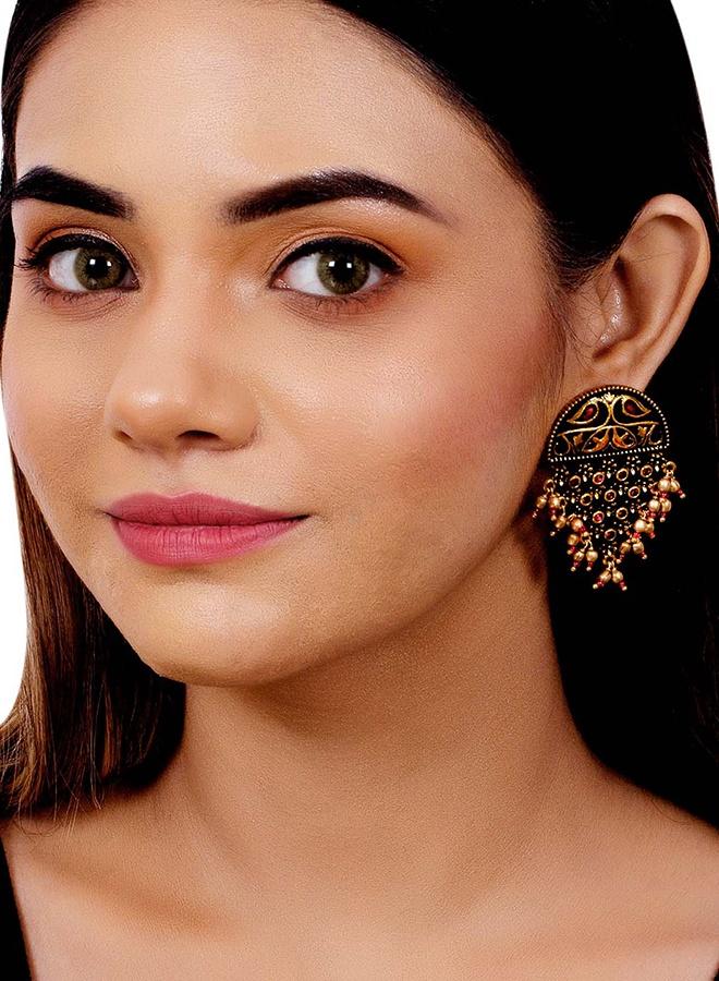 VOYLLA Arabian Nights Antique Oxidized Half Moon Golden Brass Earrings - Image 5