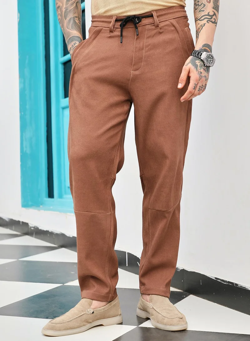 Campus Sutra Campus Sutra Men's Rust Brown Twill-Panelled Chino Trousers | Mid-Rise , Straight Hem , Button Closure , Tailored-Fit | Solid Twill | Polyester Trouser For Casual Wear