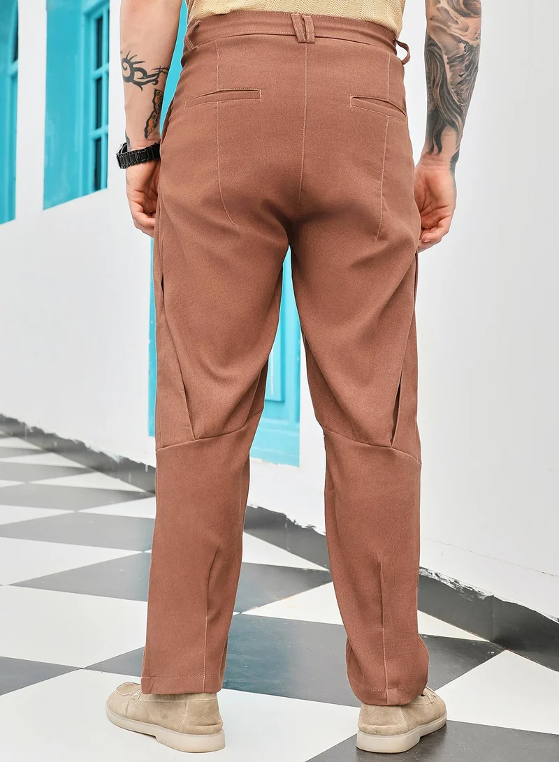 Campus Sutra Campus Sutra Men's Rust Brown Twill-Panelled Chino Trousers | Mid-Rise , Straight Hem , Button Closure , Tailored-Fit | Solid Twill | Polyester Trouser For Casual Wear