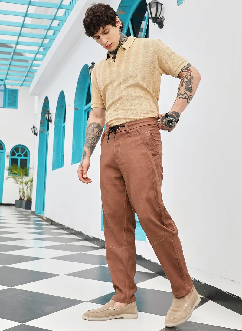 Campus Sutra Campus Sutra Men's Rust Brown Twill-Panelled Chino Trousers | Mid-Rise , Straight Hem , Button Closure , Tailored-Fit | Solid Twill | Polyester Trouser For Casual Wear
