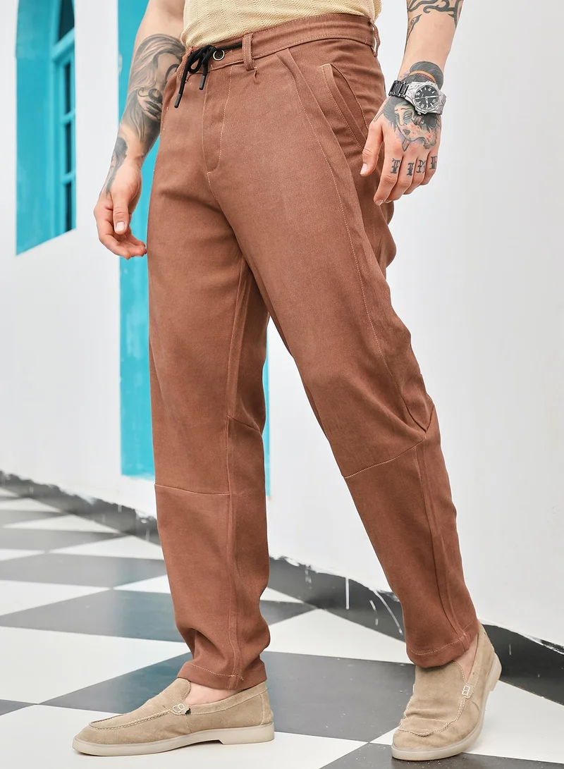 Campus Sutra Campus Sutra Men's Rust Brown Twill-Panelled Chino Trousers | Mid-Rise , Straight Hem , Button Closure , Tailored-Fit | Solid Twill | Polyester Trouser For Casual Wear