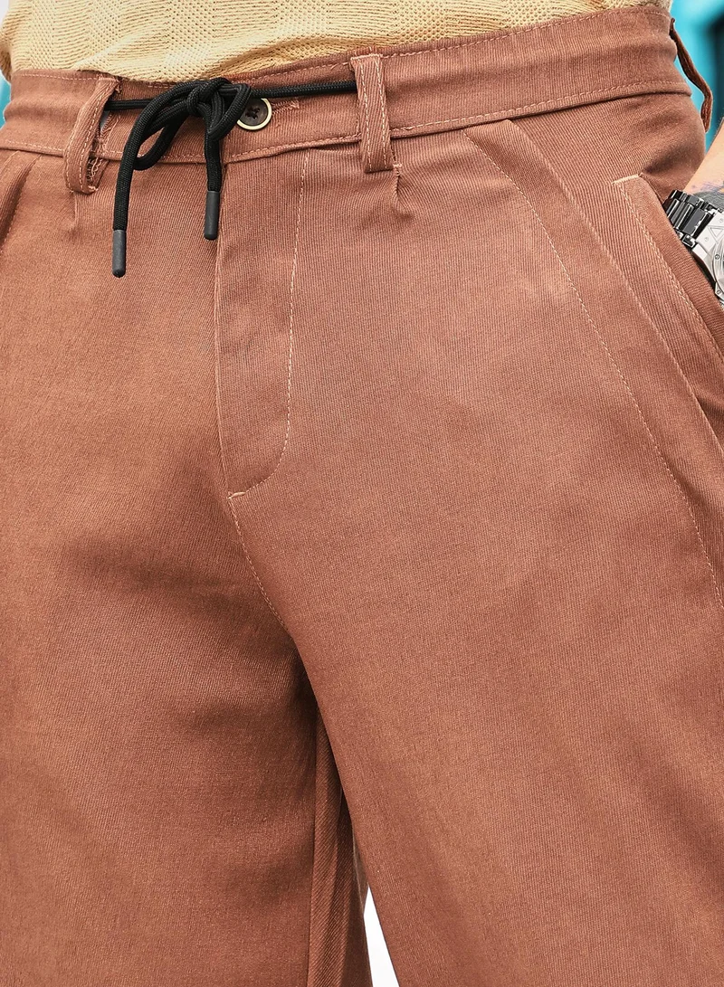 Campus Sutra Campus Sutra Men's Rust Brown Twill-Panelled Chino Trousers | Mid-Rise , Straight Hem , Button Closure , Tailored-Fit | Solid Twill | Polyester Trouser For Casual Wear