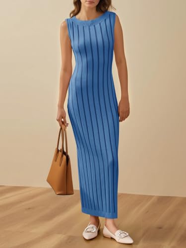 Wenrine Womens Sleeveless Sweater Dress Mock Neck Ribbed Knit Fall Tank Maxi Dresses Royal Blue - Image 3