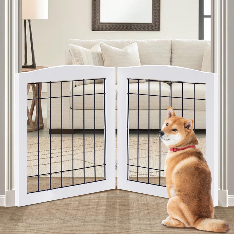 LZRS 2-Panel Freestanding Foldable Wood Dog Gate â€“ Solid Wood & Steel Wire, Chew-Resistant Pet Barrier for Indoor Use, Ideal for Small to Medium Dogs, White - Image 1