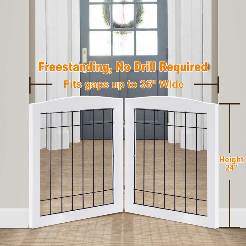 LZRS 2-Panel Freestanding Foldable Wood Dog Gate â€“ Solid Wood & Steel Wire, Chew-Resistant Pet Barrier for Indoor Use, Ideal for Small to Medium Dogs, White - Image 2