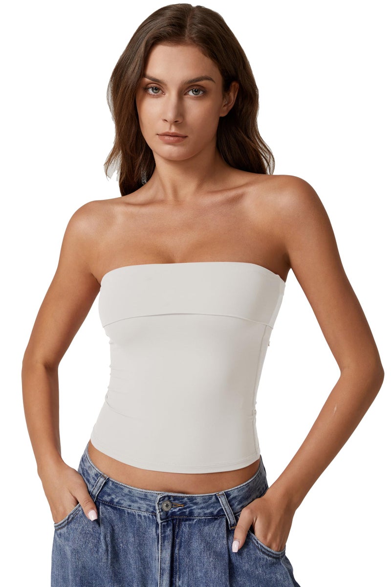 QINSEN Foldover Bandeau Tops for Women Double Lined Basic Sleeveless Going Out Tube Tops Beige S - Image 5