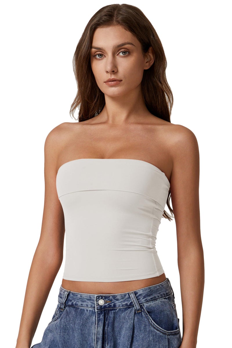 QINSEN Foldover Bandeau Tops for Women Double Lined Basic Sleeveless Going Out Tube Tops Beige S - Image 3