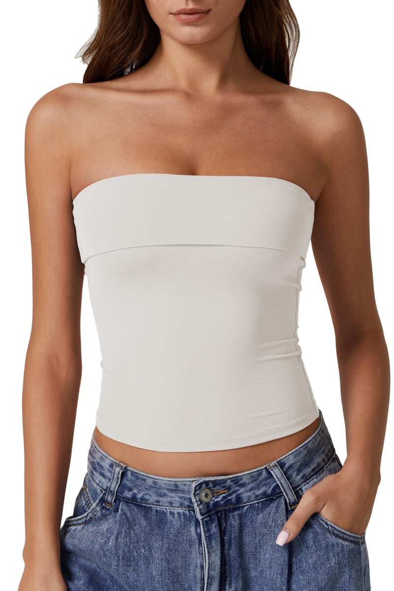 QINSEN Foldover Bandeau Tops for Women Double Lined Basic Sleeveless Going Out Tube Tops Beige S - Image 1