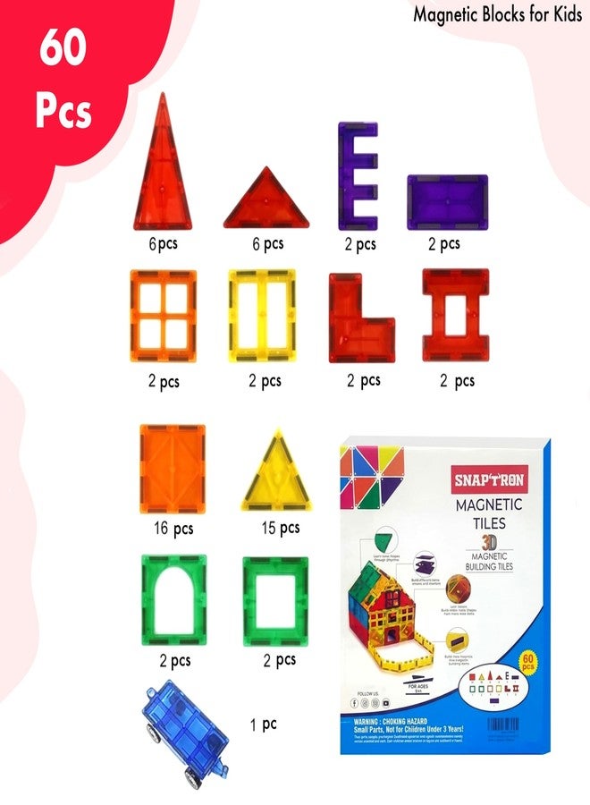 SNAPTRON Magnetic Blocks for Kids Tiles -60 Pieces Set Gifts for Girls, Boys, Magnetic Blocks for Kids 3+ Years, 4 5 6 7 8 9 10/ Constructing & Learning Builder Educational Magnetiles Game - Image 2