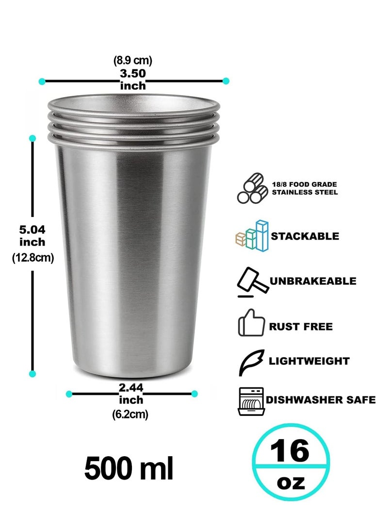 LOOPITYS Stainless Steel Cup 4 Pack 16oz Drinking Cup,Stainless Steel Pint Cups Shatterproof Cup Tumblers Unbreakable Metal Drinking,for Bar, Home, Restaurant water, coffee, beverages, milk and tea - Image 2