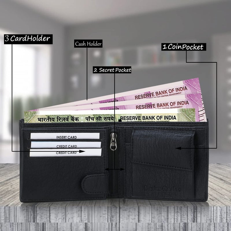 Dezire Crafts PU Leather Wallet for Men | Slim & Stylish | 3 Card Pockets, 1 Zipper Pocket, 1 Coin Pocket, 1 Currency Compartment, 2 Hidden Pockets (Black) - Image 3