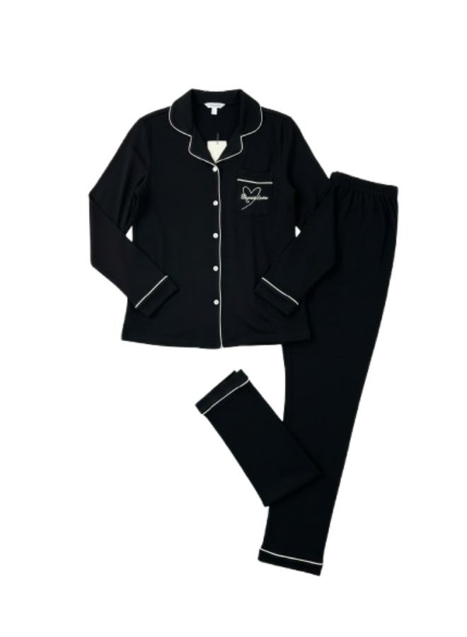 JOANNA - Soft Black Long Sleeve Pajama Set for Women | Chic Loungewear with Contrast Piping - Image 1