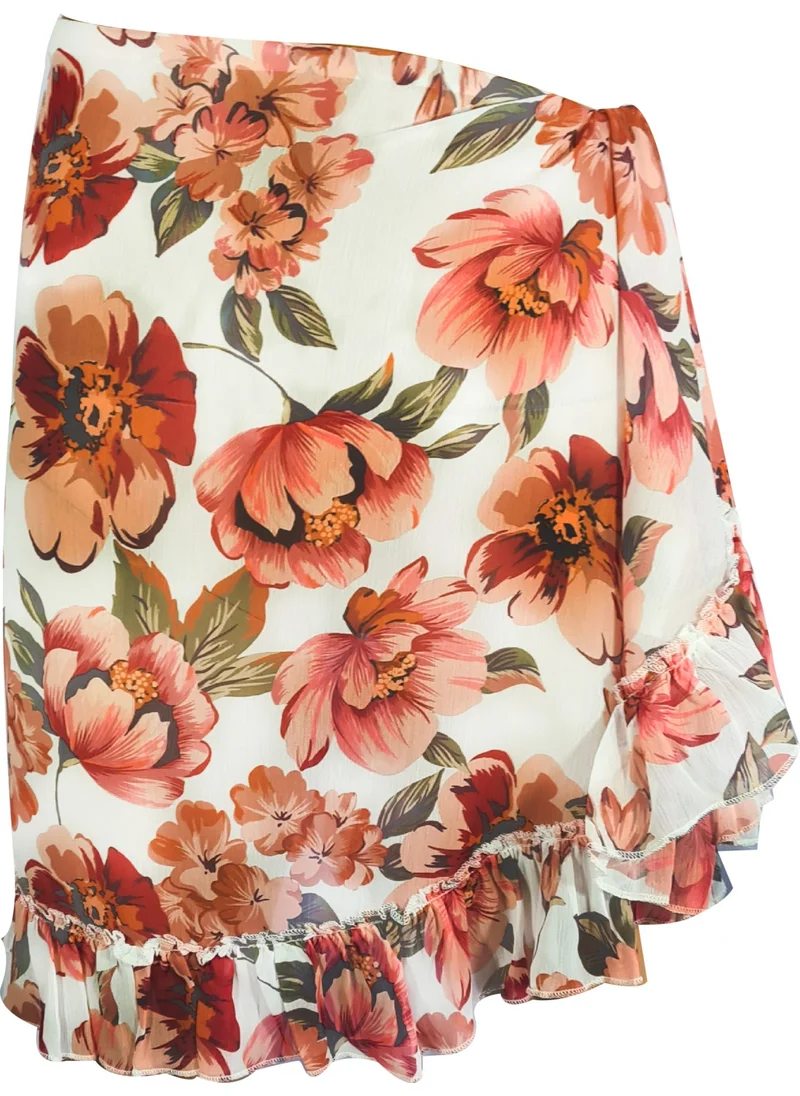 بولدر Frida Red Flower Pattern Short Ruffle Pareo