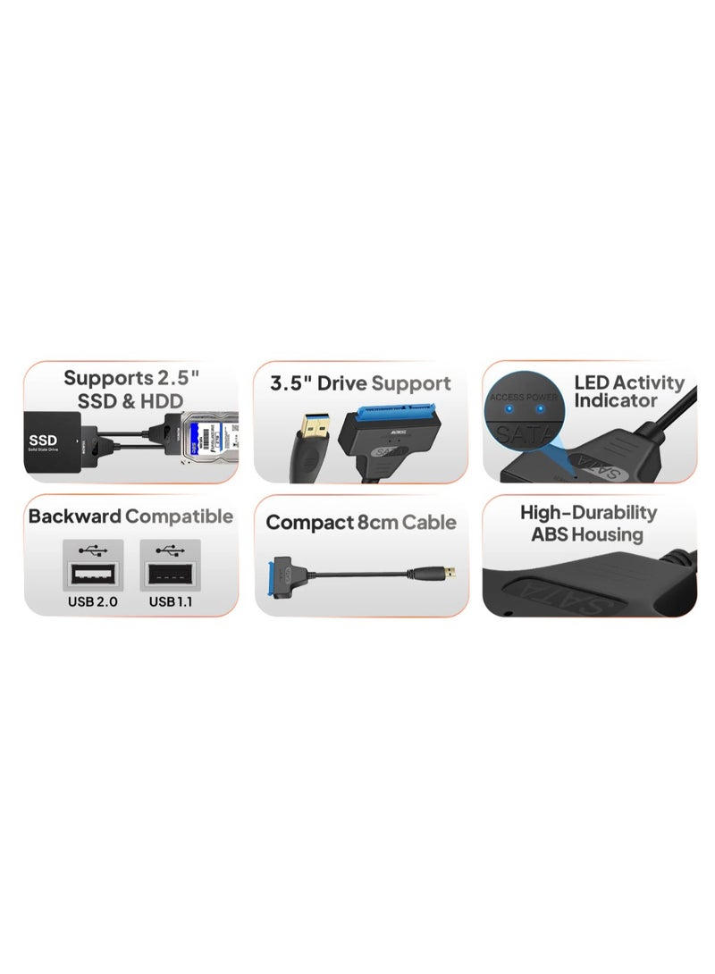 NTECH USB to SATA Adapter, Hard Drive Adapter Cable, SATA to 3.0 Adapter Cable For 2.5/3.5 inch SSD & HDD Single USB - Black (SM-DSTIII) - Image 5