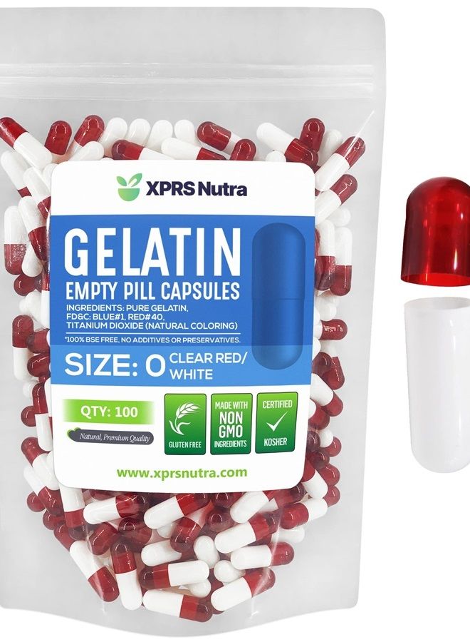 XPRS Nutra Size 0 Empty Capsules - 100 Count Empty Gelatin Capsules - Capsules Express Empty Pill Capsules - DIY Capsule Filling - Pure Bovine Pill Capsules Empty Gel Caps (Clear Red/White) - Image 1