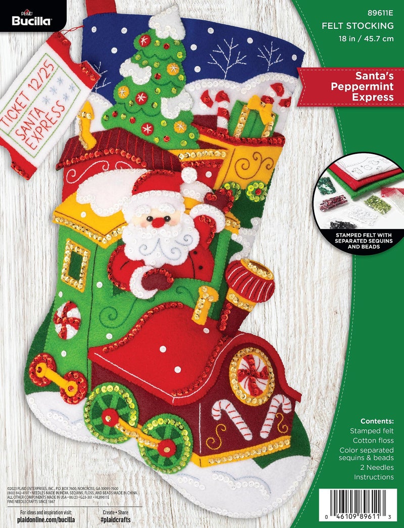 Bucilla Felt Applique 18 Stocking Making Kit Santas Peppermint Express Perfect for DIY Arts and Crafts 89611E - Image 2