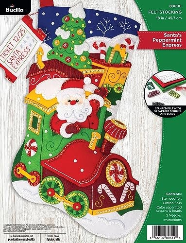 Bucilla Felt Applique 18 Stocking Making Kit Santas Peppermint Express Perfect for DIY Arts and Crafts 89611E - Image 1