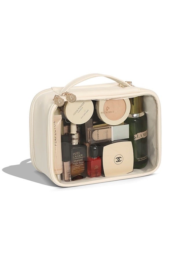 Pocmimut Travel Makeup Bag - Leather Double Layer Make Up Bag Clear Cosmetic Bag with Zipper, Large Makeup Bags for Women Cosmetic Toiletry, Makeup Organizer Bag with Detachable Brush Holder (White) - Image 1