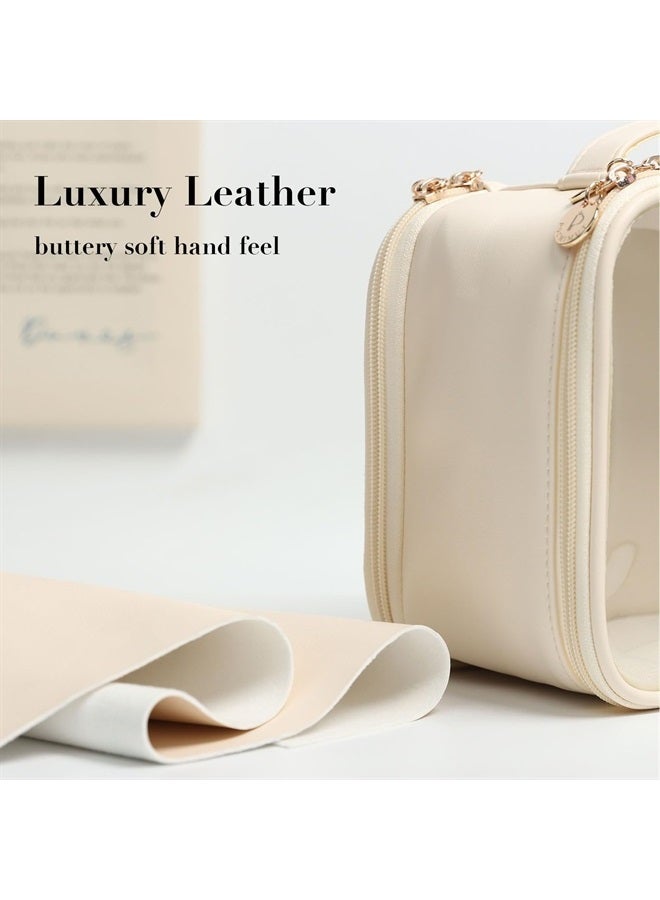 Pocmimut Travel Makeup Bag - Leather Double Layer Make Up Bag Clear Cosmetic Bag with Zipper, Large Makeup Bags for Women Cosmetic Toiletry, Makeup Organizer Bag with Detachable Brush Holder (White) - Image 2