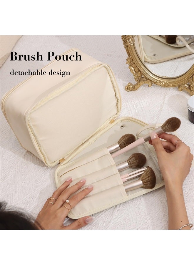 Pocmimut Travel Makeup Bag - Leather Double Layer Make Up Bag Clear Cosmetic Bag with Zipper, Large Makeup Bags for Women Cosmetic Toiletry, Makeup Organizer Bag with Detachable Brush Holder (White) - Image 3
