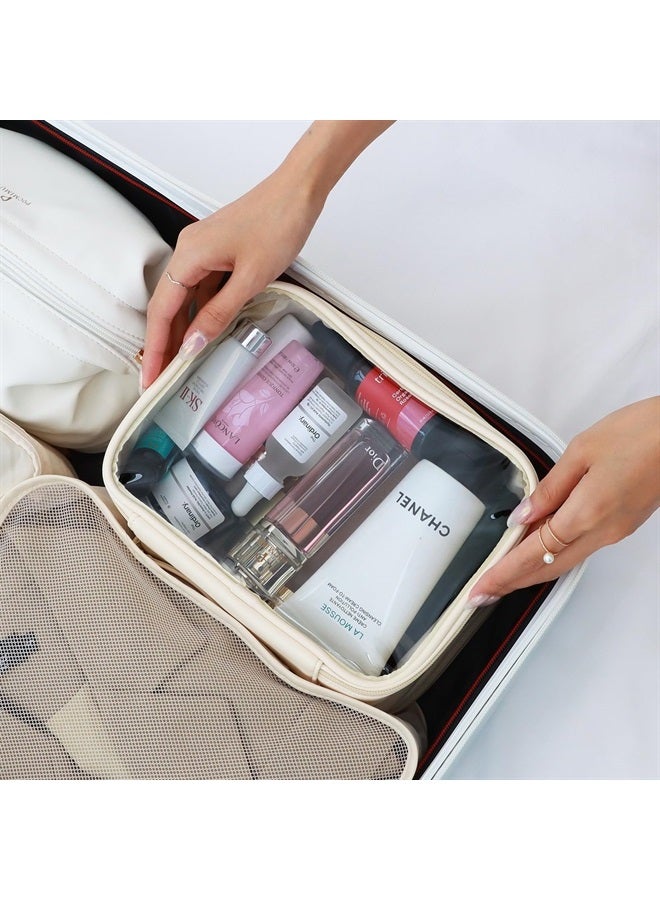 Pocmimut Travel Makeup Bag - Leather Double Layer Make Up Bag Clear Cosmetic Bag with Zipper, Large Makeup Bags for Women Cosmetic Toiletry, Makeup Organizer Bag with Detachable Brush Holder (White) - Image 4