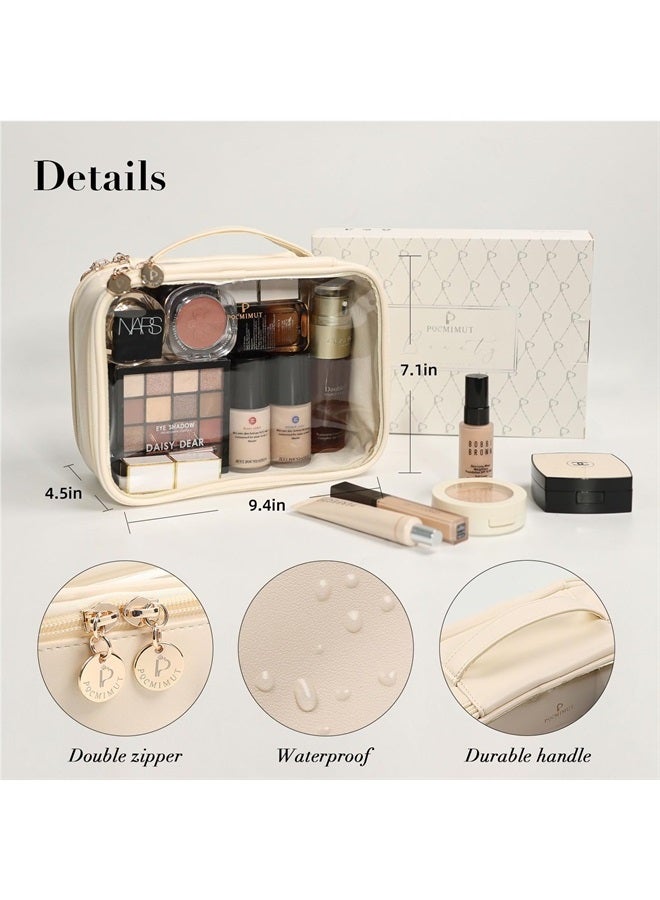 Pocmimut Travel Makeup Bag - Leather Double Layer Make Up Bag Clear Cosmetic Bag with Zipper, Large Makeup Bags for Women Cosmetic Toiletry, Makeup Organizer Bag with Detachable Brush Holder (White) - Image 5