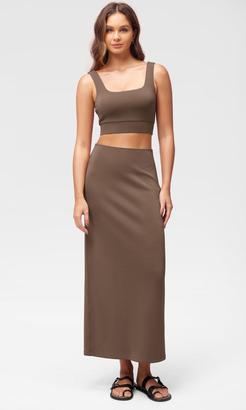 ODODOS Modal Soft Maxi Skirt for Women, Back Slit High Waist Casual Long Pencil Skirts, Nutria, Small - Image 2