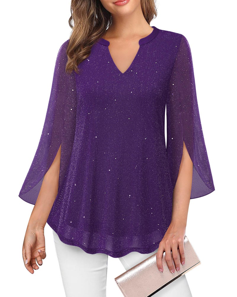 VALOLIA Party Tops For Women: 3/4 Bell Sleeve Shiny Glitter Sequin - Cocktail Tops For Women Dressy - Formal Top For Womens Sparkly V-neck Evening Tunic Blouses For Formal Night Cruise Christmas M - Image 1