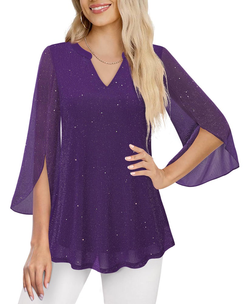 VALOLIA Party Tops For Women: 3/4 Bell Sleeve Shiny Glitter Sequin - Cocktail Tops For Women Dressy - Formal Top For Womens Sparkly V-neck Evening Tunic Blouses For Formal Night Cruise Christmas M - Image 2