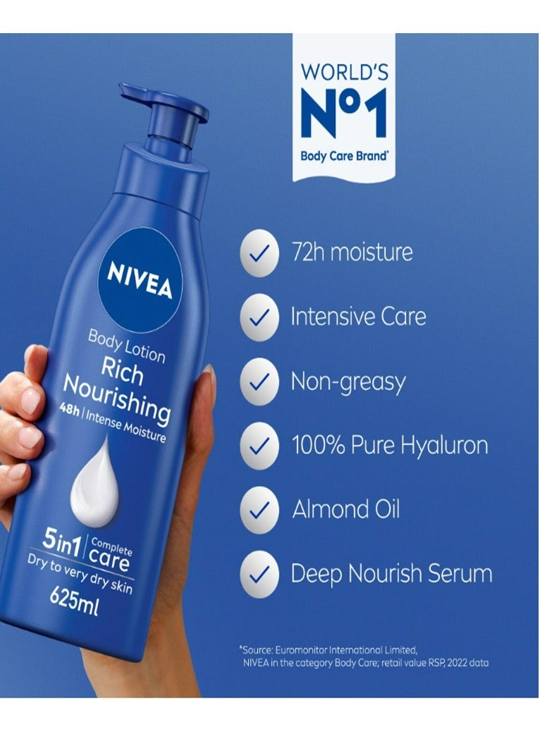 Nivea Body Lotion Moisturizer for Extra Dry Skin, 48h Moisture Care, Nourishing Almond Oil & Vitamin E, 625ml - Image 2