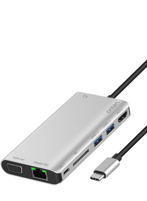 OTN-9591B USB C Hub 8 in 1 Type C Hub Adapter with 1Gbps Ethernet, 4K HDMI, VGA, PD Charging, 2 USB3.0, 3.55mm Audio, SD Card Reader for MacBook Pro and Other Type C Laptops
