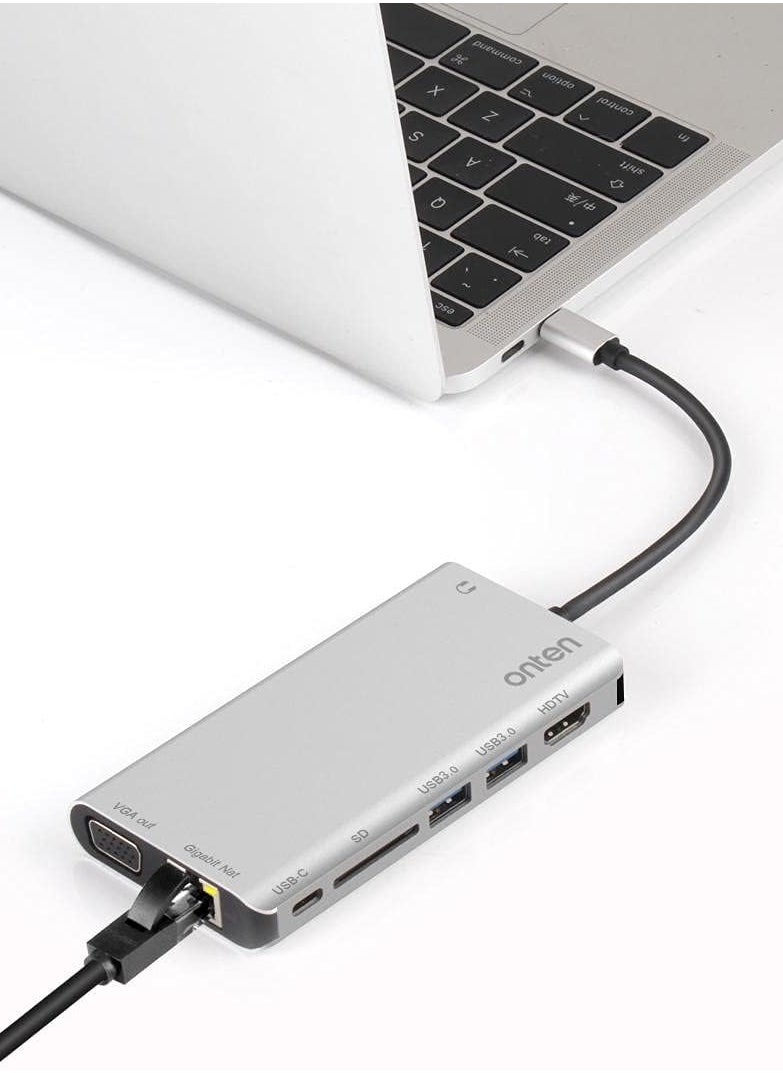 onten - OTN-9591B USB C Hub 8 in 1 Type C Hub Adapter with 1Gbps Ethernet, 4K HDMI, VGA, PD Charging, 2 USB3.0, 3.55mm Audio, SD Card Reader for MacBook Pro and Other Type C Laptops - Image 1
