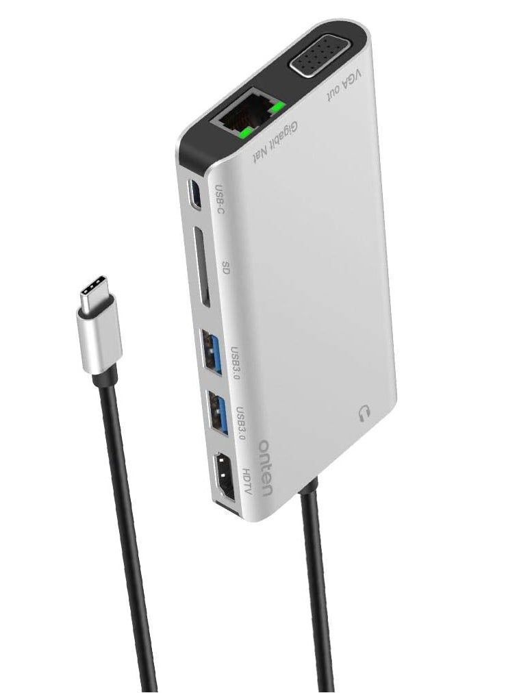 onten - OTN-9591B USB C Hub 8 in 1 Type C Hub Adapter with 1Gbps Ethernet, 4K HDMI, VGA, PD Charging, 2 USB3.0, 3.55mm Audio, SD Card Reader for MacBook Pro and Other Type C Laptops - Image 1