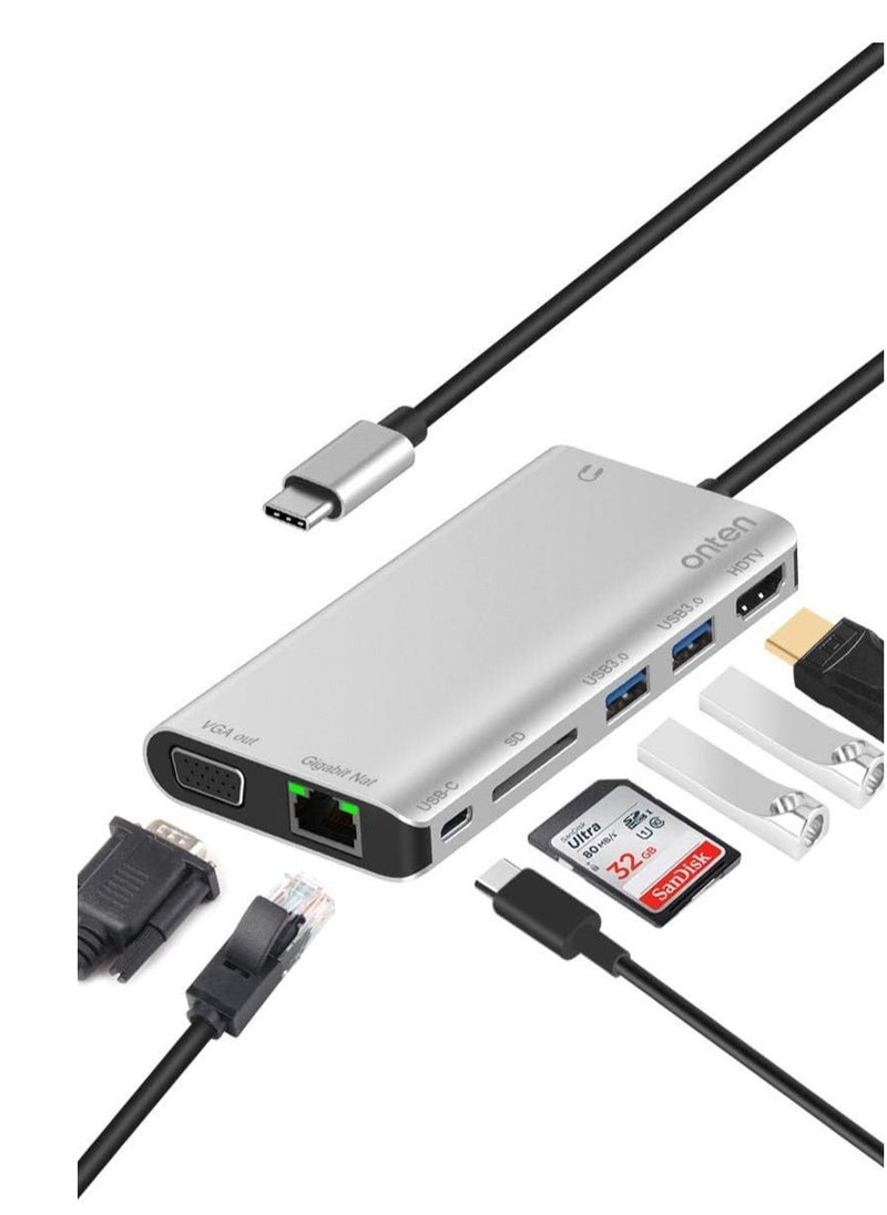 onten - OTN-9591B USB C Hub 8 in 1 Type C Hub Adapter with 1Gbps Ethernet, 4K HDMI, VGA, PD Charging, 2 USB3.0, 3.55mm Audio, SD Card Reader for MacBook Pro and Other Type C Laptops - Image 1