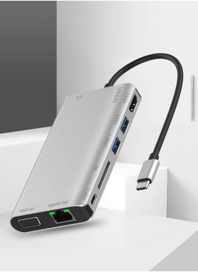 onten - OTN-9591B USB C Hub 8 in 1 Type C Hub Adapter with 1Gbps Ethernet, 4K HDMI, VGA, PD Charging, 2 USB3.0, 3.55mm Audio, SD Card Reader for MacBook Pro and Other Type C Laptops - Image 1