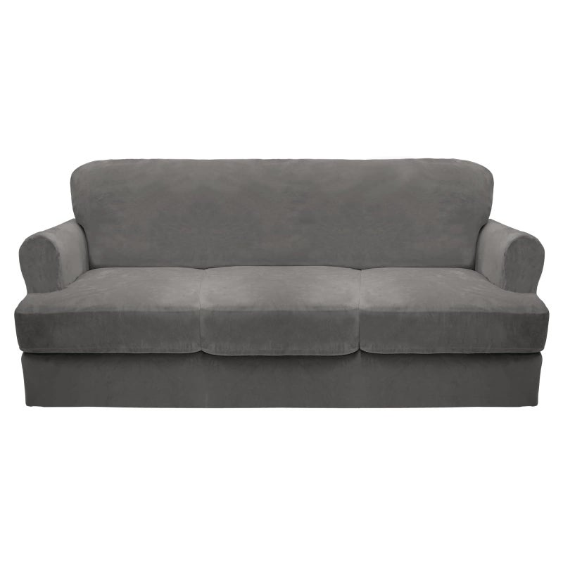 CUCRAF T Cushion Sofa Cover 4 Piece Slipcovers Soft Thick Velvet Couch Cover for Living Room Washable High Stretch Furniture Protector with 3 Cushion Slipcover Sofa Grey