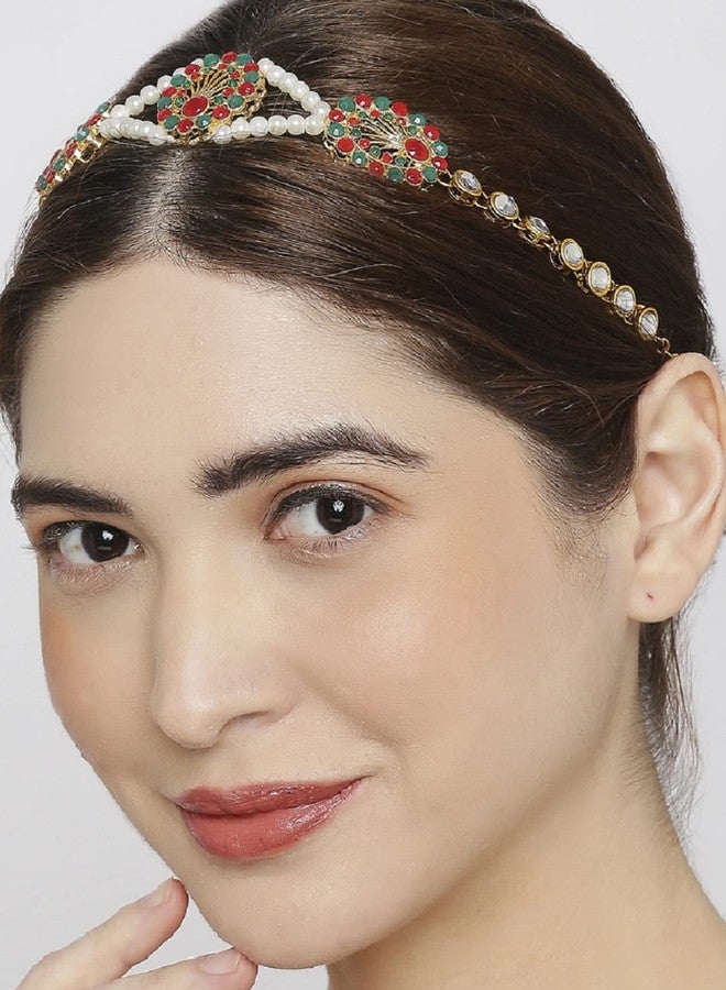 مجوهرات OOMPHelicious، سلسلة شعر/طوق شعر جادو عرقي باللون الذهبي والأخضر والأحمر مرصع بالكوندان واللؤلؤ للنساء والفتيات، تصميم أنيق وعصري (HVM4_CC1) - Image 4