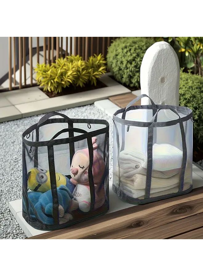 Grey Foldable Nylon Mesh Laundry Basket Portable Large Capacity Storage Bag - Image 1