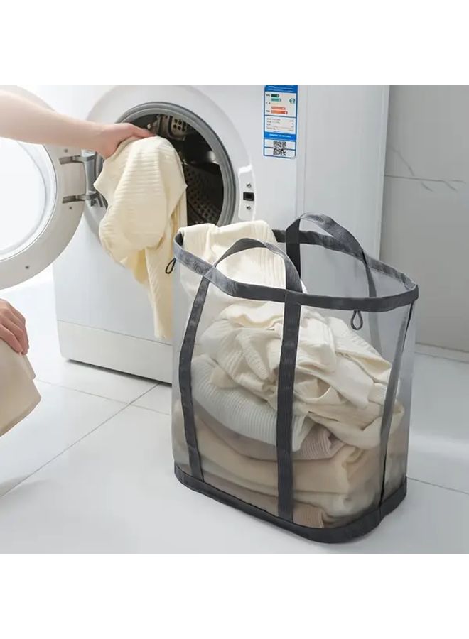 Grey Foldable Nylon Mesh Laundry Basket Portable Large Capacity Storage Bag - Image 4