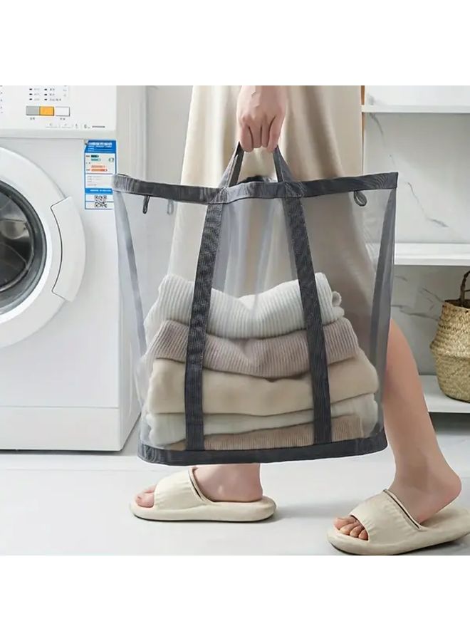 Grey Foldable Nylon Mesh Laundry Basket Portable Large Capacity Storage Bag - Image 3