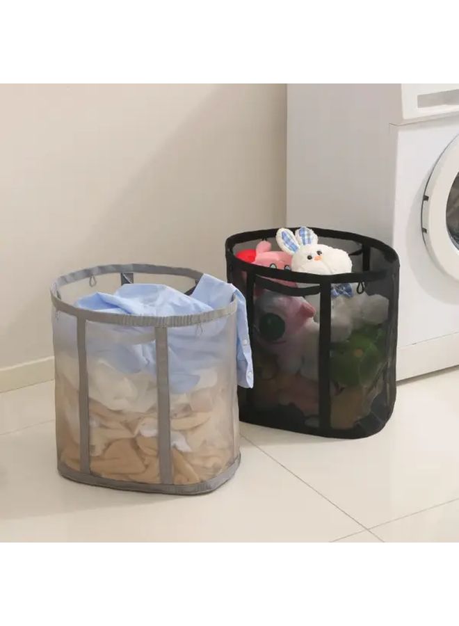 Grey Foldable Nylon Mesh Laundry Basket Portable Large Capacity Storage Bag - Image 5