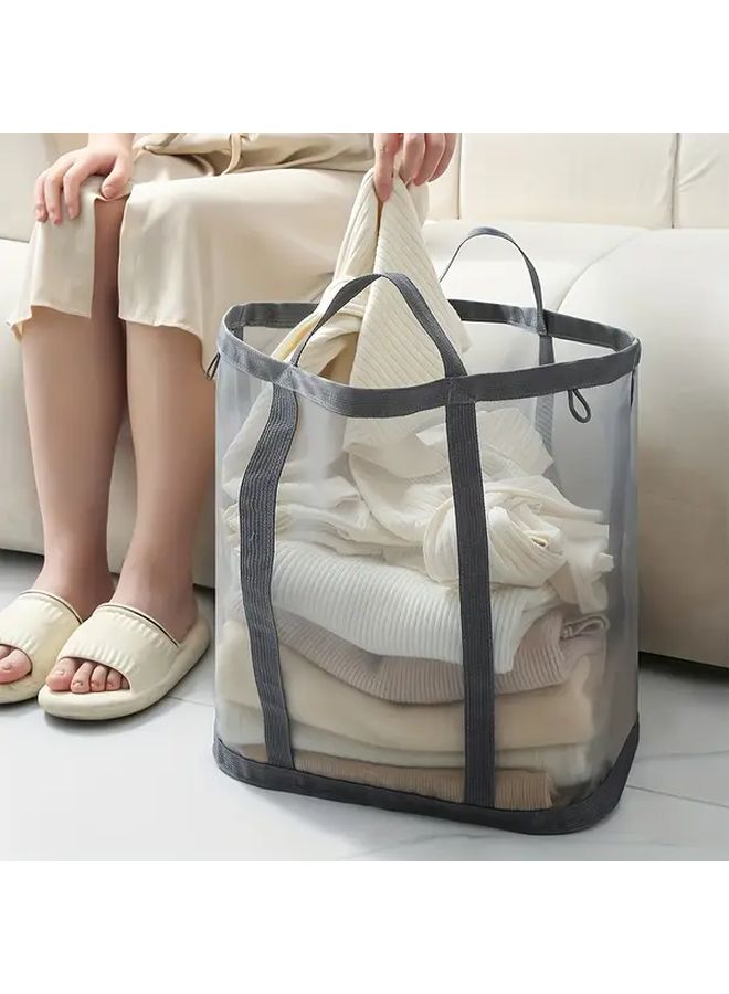 Grey Foldable Nylon Mesh Laundry Basket Portable Large Capacity Storage Bag - Image 2