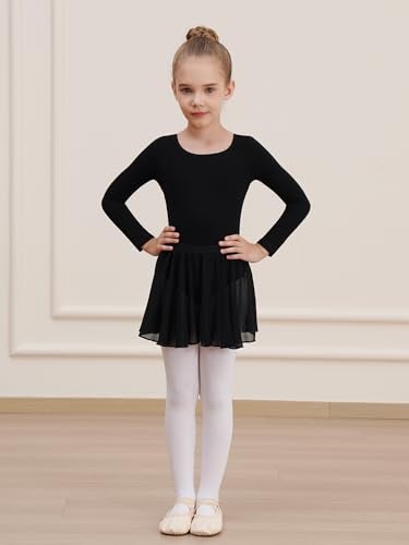 WEGETIT Long Sleeve Girls Leotard Gymnastics Leotards for Girls Ballet Dance Dresses with Skirt (Black,10-12 Years) - Image 2