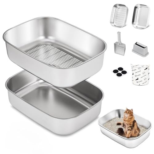 DOWANQO Stainless Steel Sifting Litter Box with Lid, Metal Litter Pan with Scoop for Big Cats Multi Cat, Extra Large Cats Litterbox Odor Control Easy Clean - Image 1