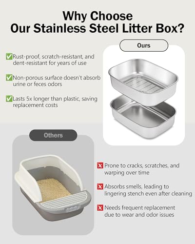 DOWANQO Stainless Steel Sifting Litter Box with Lid, Metal Litter Pan with Scoop for Big Cats Multi Cat, Extra Large Cats Litterbox Odor Control Easy Clean - Image 5