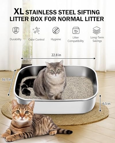 DOWANQO Stainless Steel Sifting Litter Box with Lid, Metal Litter Pan with Scoop for Big Cats Multi Cat, Extra Large Cats Litterbox Odor Control Easy Clean - Image 2